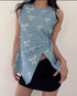 Chic Bow Print Denim Tops